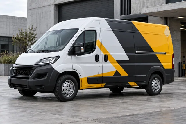 Imagen ilustrativa de una camioneta blanca con ploteo comercial en gris y amarillo