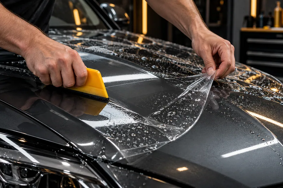 Imagen ilustrativa de la aplicación de film transparente PPF sobre el capó de un auto